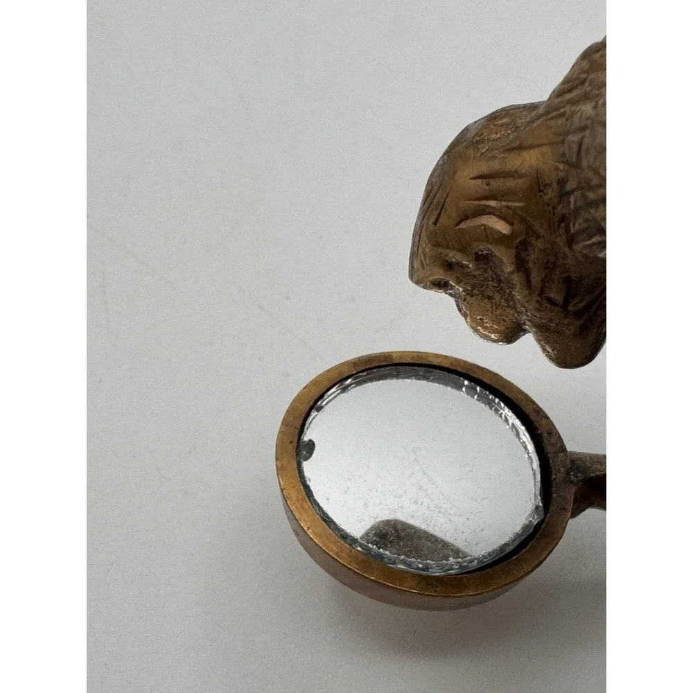 Antique Brass Monkey Holding Mirror Figure Statue 2.5 Inches MCM Conversation